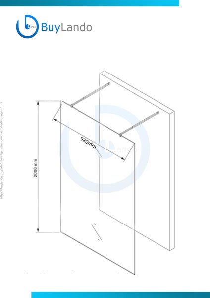 Technische Zeichnung einer Duschwand mit Maßen 980 Millimeter und 2000 Millimeter.
