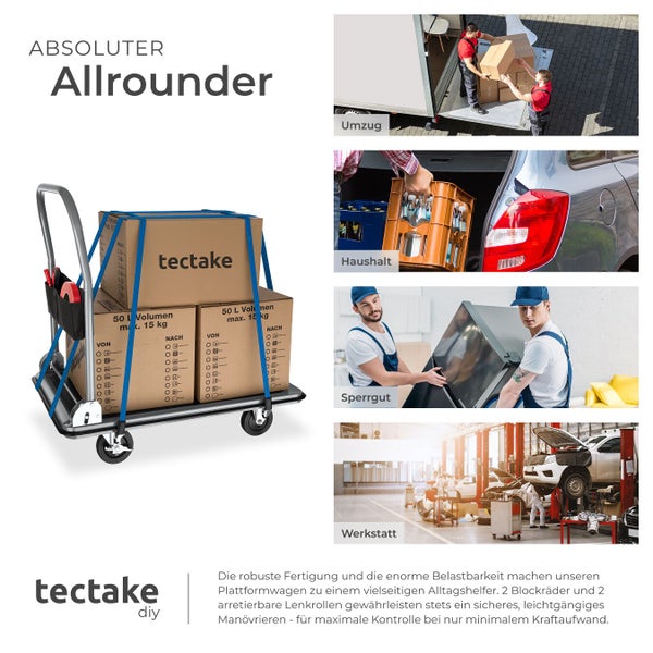 Plattformwagen mit Umzugskartons und Anwendungsbeispielen für Umzug, Haushalt, Sperrgut und Werkstatt