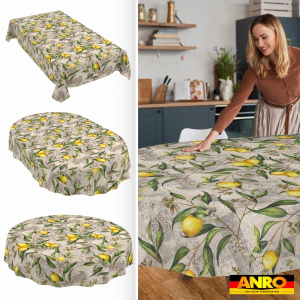 Tischdecke von ANRO mit Zitronen-Motiv in rechteckiger, ovaler und runder Form in einer modernen Küche. ANRO Logo.
