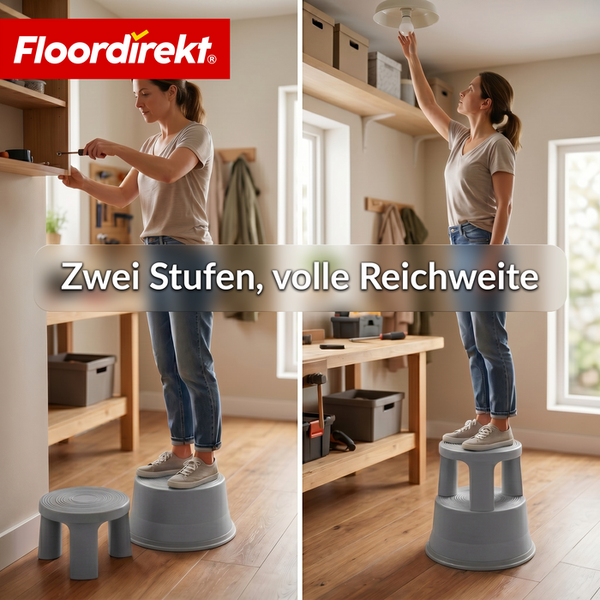 Frau nutzt grauen, zweiteiligen Tritthocker aus Kunststoff als Einzelstufe und gestapelt als Trittleiter. Floordirekt Logo.