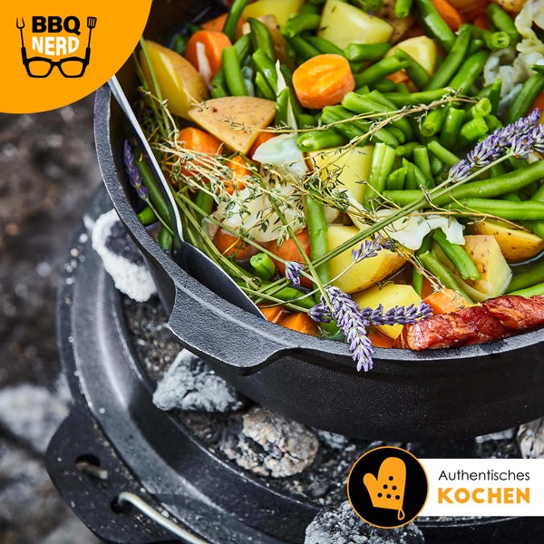 BBQ-Nerd Dutch Oven Starter 5,5L mit Ständer| bereits eingebrannt - preseasoned | Gusseisen Feuertopf, Bräter mit Deckel inkl. Deckelheber | Feuerfester Grill & Camping Kochtopf, Grilltopf
