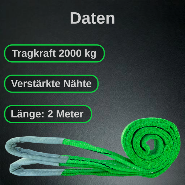 Hebeband mit einer Tragkraft von 2000 Kilogramm, verstärkten Nähten und einer Länge von 2 Metern.