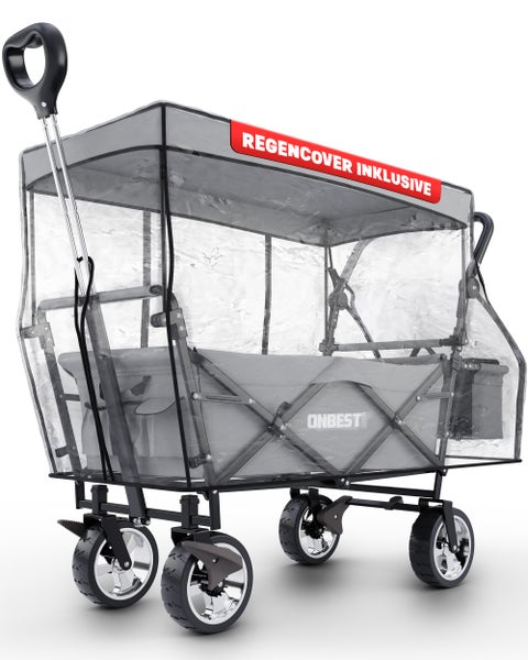 Faltbarer Bollerwagen von ONBEST inklusive transparentem Regenschutz und vier Rädern.