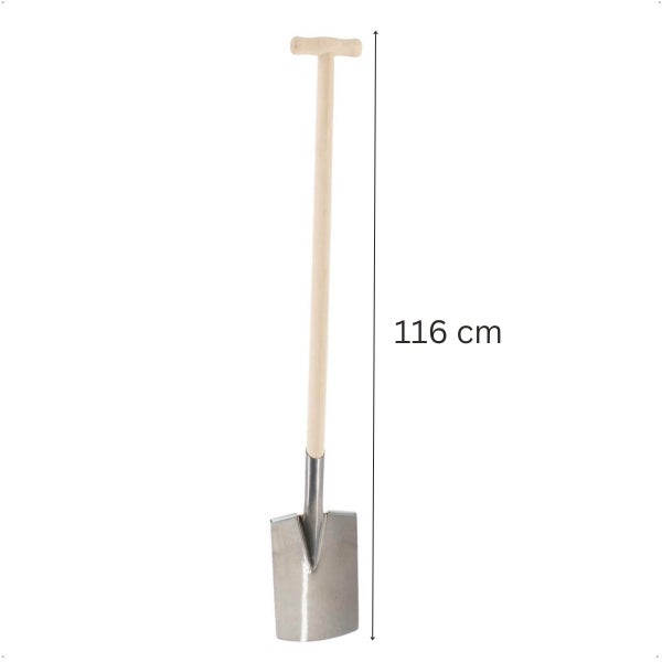 Spaten mit T-Stiel aus Holz und Metallblatt, Gesamtlänge 116 Zentimeter.