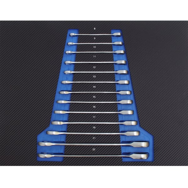 Ringschlüsselsatz mit 8 bis 22 Millimeter Schlüsselweite in blauer Halterung