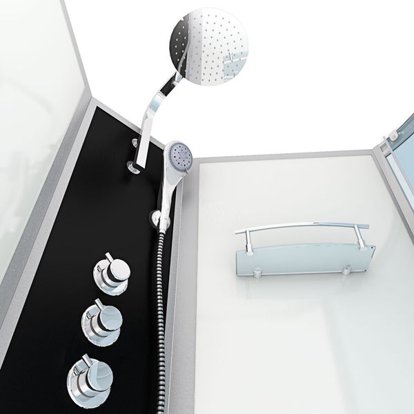 Duschkabine Innenansicht mit Handbrause, drei Bedienelementen auf schwarzem Paneel und Glasablage mit Reling.