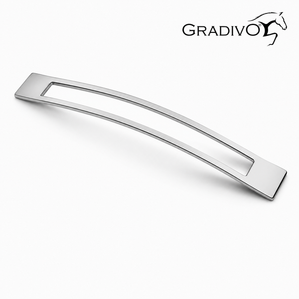 Gebogener Möbelgriff aus Metall mit rechteckiger Aussparung und Gradivo Logo.