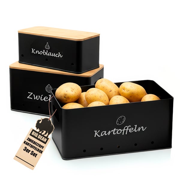 Gemüseaufbewahrungsbox Set aus Metall mit Bambusdeckel für Kartoffeln, Zwiebeln und Knoblauch