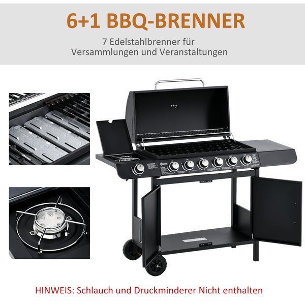 Outsunny Gasgrill, BBQ Grillwagen, mit 6 Brennern, 1 Seitenbrenner, 135 x 50 x 100 cm, Metall, Schwarz