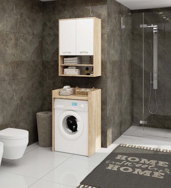 Modernes Badezimmer mit Waschmaschine, Waschbecken, Toilette und Duschkabine