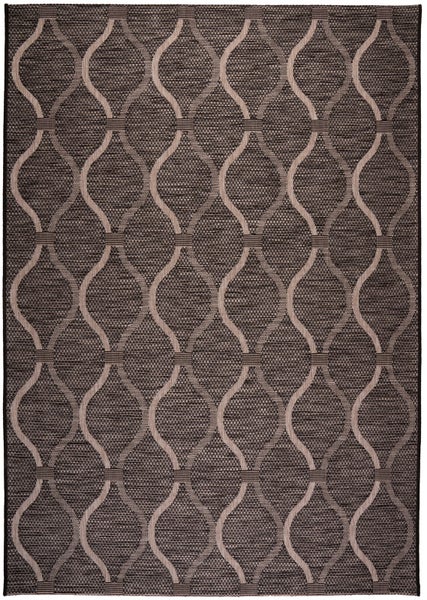 Flachgewebe-Teppich mit geometrischem Wellenmuster in Braun und Beige.