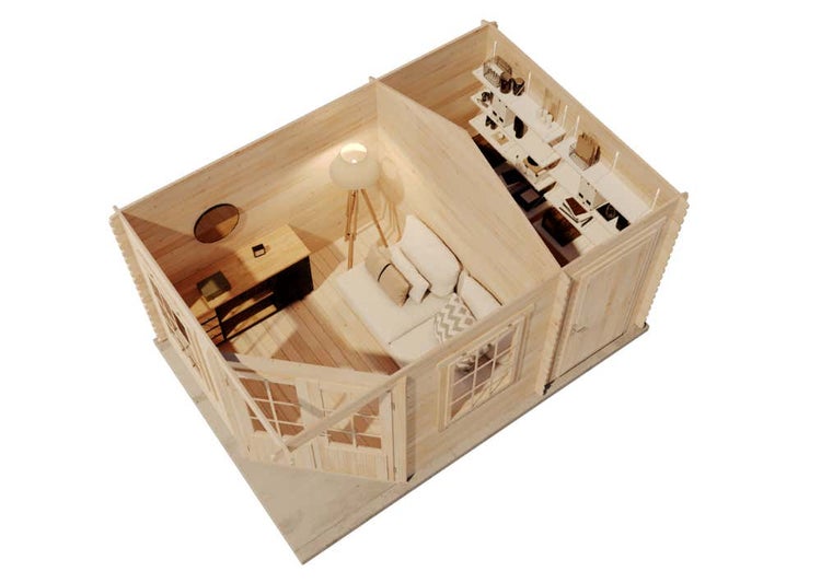 Draufsicht auf ein zweiraumiges Gartenhaus aus Holz mit Einrichtung wie Sofa, Schreibtisch, Stehlampe und Regalsystem.
