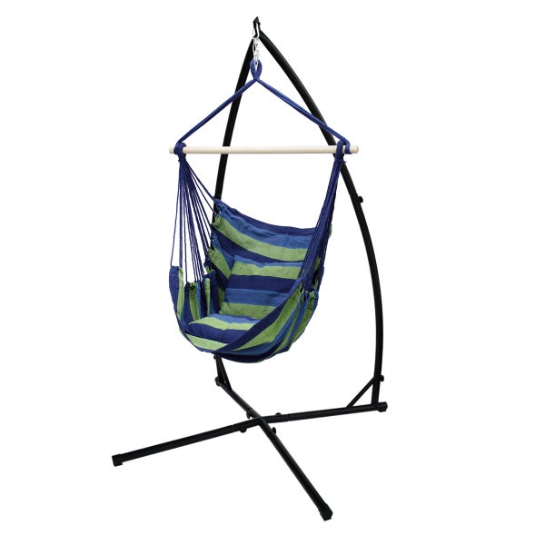 ECD Germany Hängesessel Blau/Grün mit Gestell Schwarz 208 cm, Hängestuhl Hängeschaukel aus Baumwolle mit 2 Kissen bis 120kg, Freistehendes Hängesesselgestell Metall Hängestuhlgestell Hängesitz Ständer