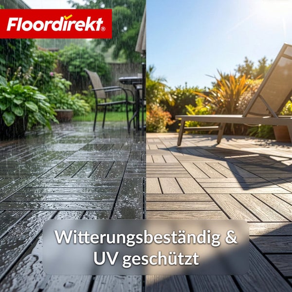 Bild zeigt Bodenfliesen im Aussenbereich, die wetterbeständig und UV-geschützt sind. Auf der einen Seite regnet es, auf der anderen scheint die Sonne. Floordirekt Logo.