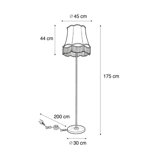 Technische Zeichnung einer Stehlampe mit den Massen: Höhe 175 cm, Lampenschirmhöhe 44 cm, Lampenschirmdurchmesser 45 cm, Lampenfussdurchmesser 30 cm, Kabellänge 200 cm