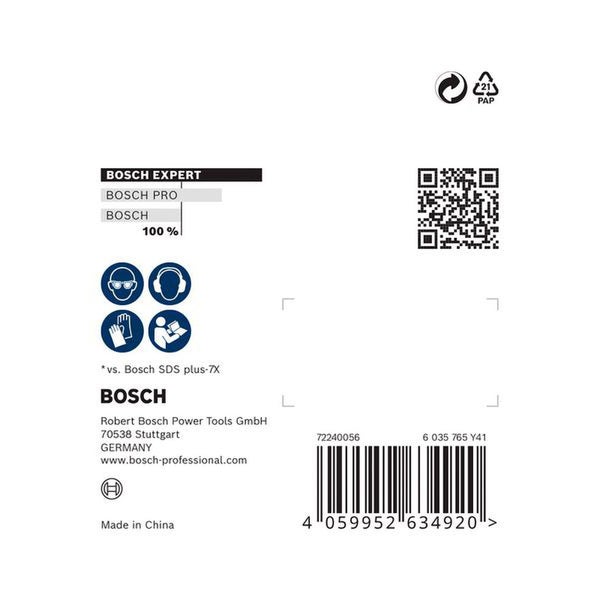 Bosch Experte, Bosch Pro und Bosch Logo mit Recycling Symbol, QR Code, Barcode und Sicherheitshinweisen