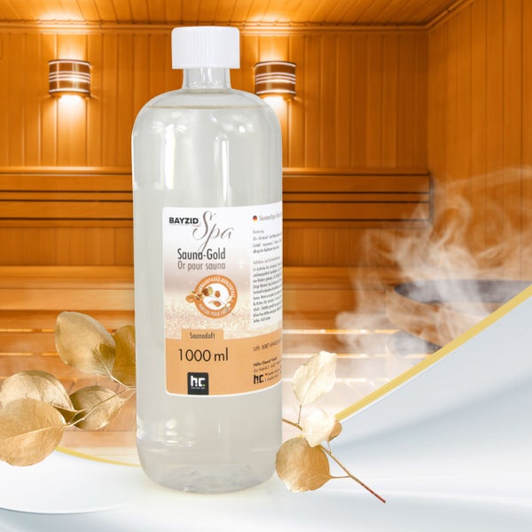 Bayzid Spa Sauna-Gold Saunaduft in einer 1000 ml Flasche vor einem Saunahintergrund
