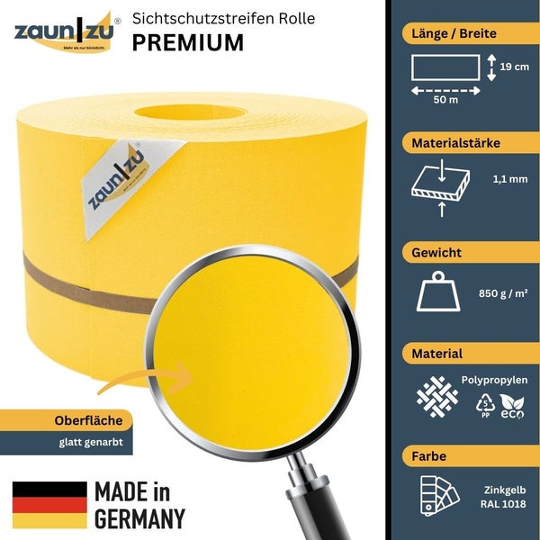 Zaun zu Premium Sichtschutzstreifen Rolle, 50 Meter lang und 19 Zentimeter breit, Materialstärke 1,1 Millimeter, Gewicht 850 Gramm pro Quadratmeter, Material Polypropylen, Farbe Zinkgelb RAL 1018, Oberfläche glatt genarbt, Hergestellt in Deutschland, Zaun zu Logo.