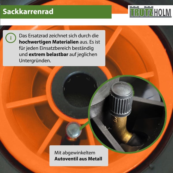 Trutzholm Sackkarrenrad mit Kunststofffelge und abgewinkeltem Metall Autoventil für belastbare Ersatzbereifung.