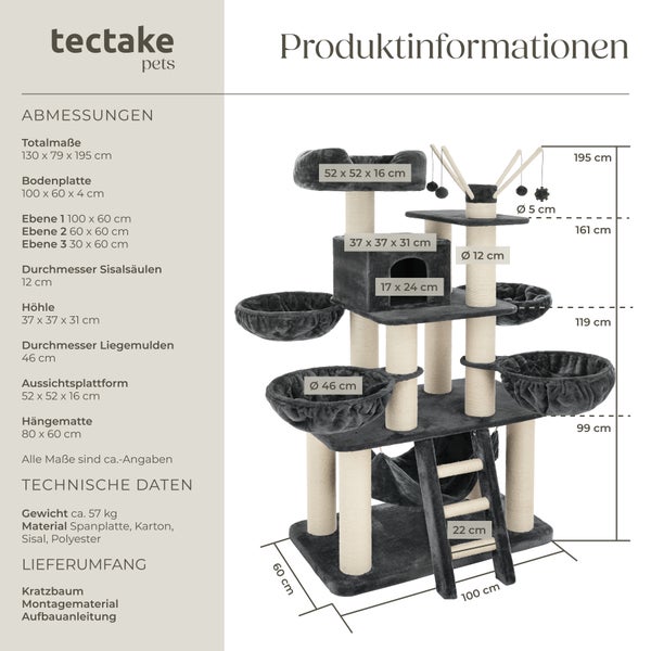 Kratzbaum tectake Gismo inklusive Treppe, 4 Spielbällen und Kippschutz 195 cm grau/weiß