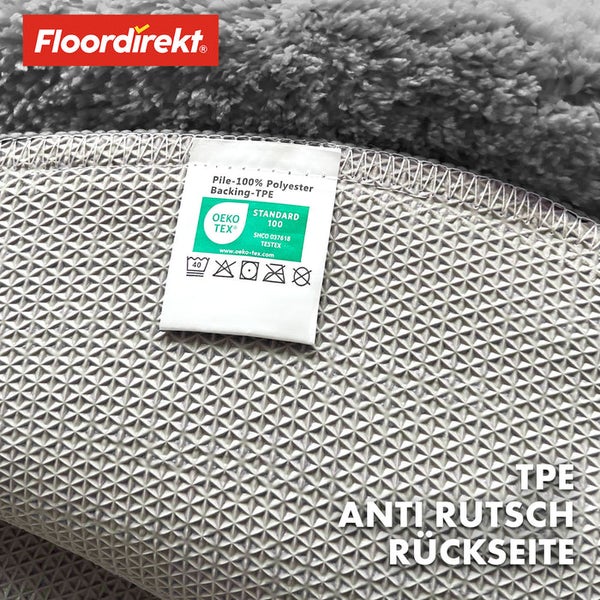 Detailansicht der rutschfesten TPE-Rückseite eines Teppichs mit Öko-Tex Standard 100 Siegel