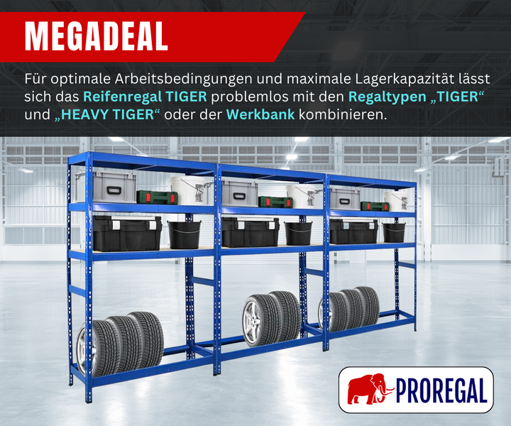 Blaues Metall-Reifenregal TIGER kombiniert mit Werkbank und Lagerregalen, bestückt mit Reifen und Werkzeugboxen. PROREGAL Logo.
