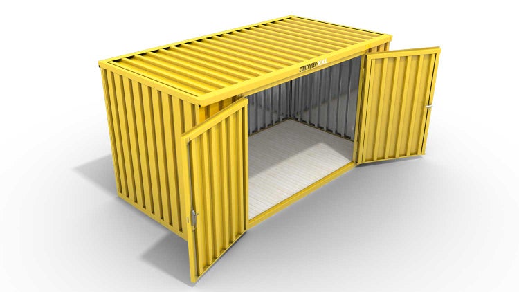 Lagercontainer Gerätehaus XXL  – 12 qm, H2150 x B6080 x T2170 mm, Außenwandlackierung RAL 1003 signalgelb, Dach außen verzinkt, mit Holzfußboden, 2750 mm Doppelflügeltür mittig in Breitseite, montiert