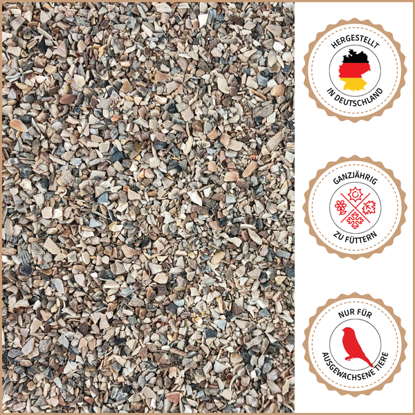 Muschelgrit für Vögel mit Hergestellt in Deutschland Siegel, Siegel für ganzjährige Fütterung und Siegel nur für ausgewachsene Tiere