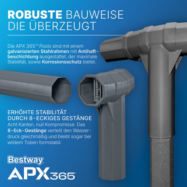 Bestway APX 365 Pool-Gestänge aus verzinktem Stahl mit achteckigem Profil für Stabilität und Korrosionsschutz. Bestway Logo.