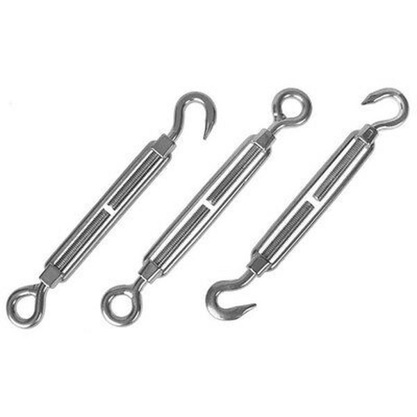 Drei Spannschlösser aus Metall mit Haken und Öse zur Drahtseilspannung.