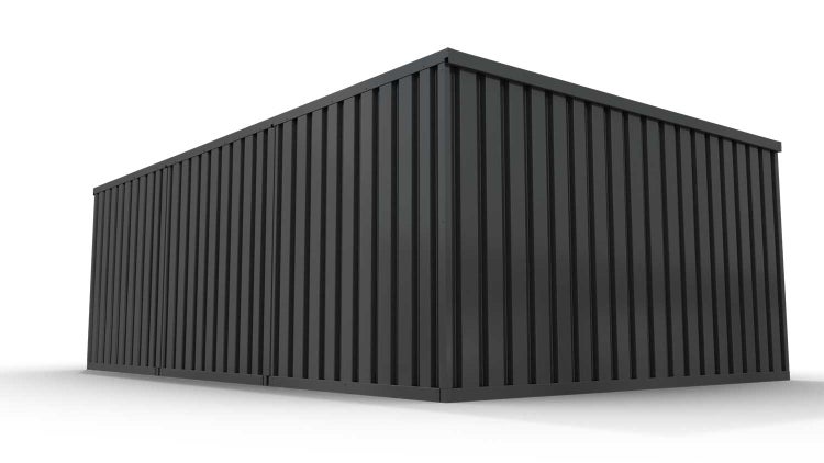 Lagercontainer Gerätehaus L3  – 25 qm, H2150 x B4050 x T6520 mm, Außenwandlackierung anthrazit, Dach außen verzinkt, mit Holzfußboden, 1270 mm Einflügeltür mittig in Modul D, montiert