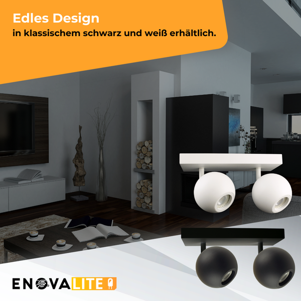 Zwei EnovaLite Deckenleuchten mit zwei Strahlern in Schwarz und Weiß in einem Wohnzimmer.