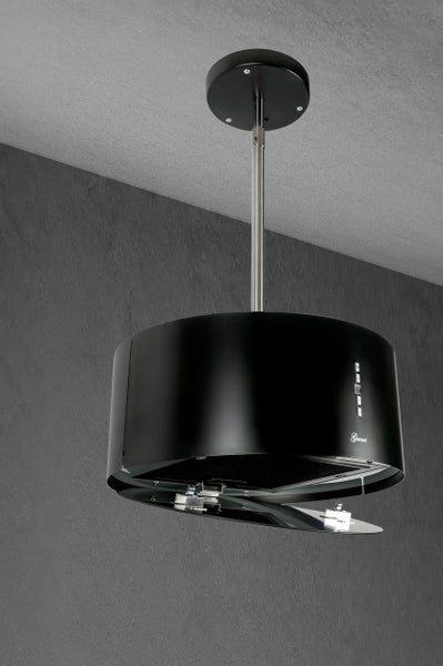 Inselhaube von Gurari zur Deckenmontage mit zylindrischem Korpus und Bedienelementen zur Absaugung von Kochdünsten.