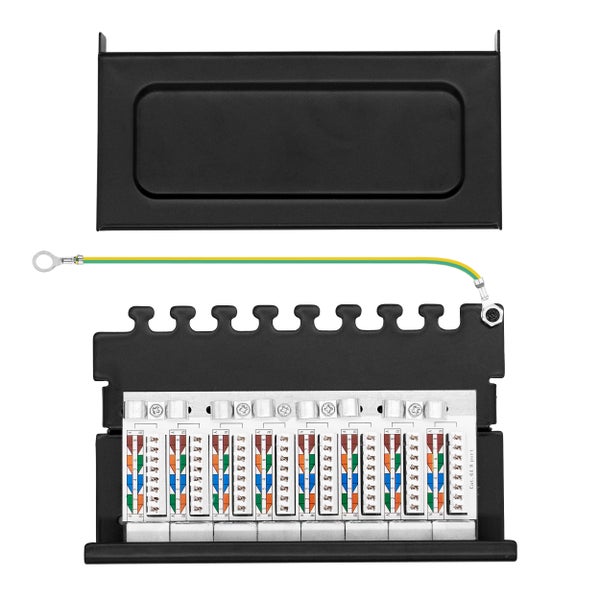 Patchpanel Kategorie 6A 8-Port mit Metallgehäuse und Erdungskabel.