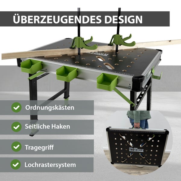 Multifunktionale Werkbank mit Lochrastersystem, Ordnungshaken und Tragegriff