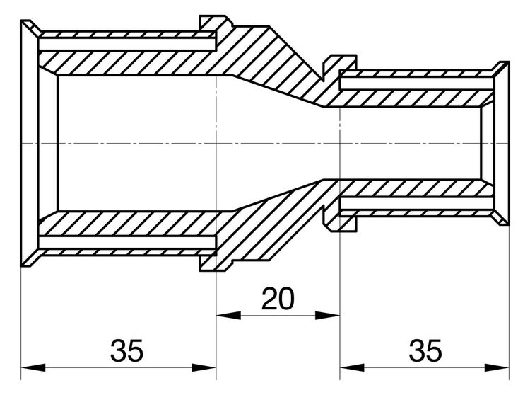 Technische Zeichnung eines Übergangsstücks für Rohre mit Maßangaben 35, 20 und 35 Millimeter im Querschnitt.