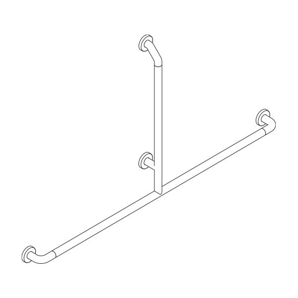 Technische Zeichnung eines barrierefreien Haltegriffs in T-Form für das Badezimmer zur Wandmontage mit runden Flanschen.