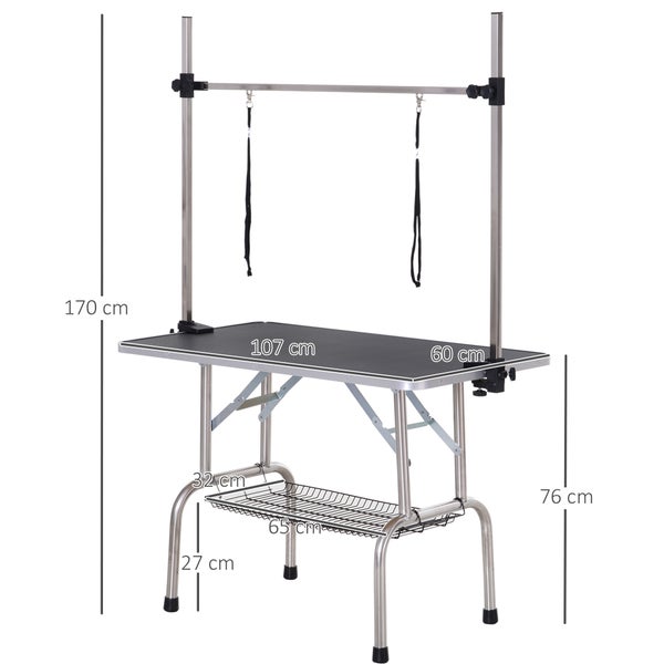 PawHut Trimmtisch Tierpflegetisch Schertisch Pflegetisch mit Unterkorb für Hunde höhenverstellbar klappbar Edelstahl Metall Schwarz 107 x 60 x 170 cm