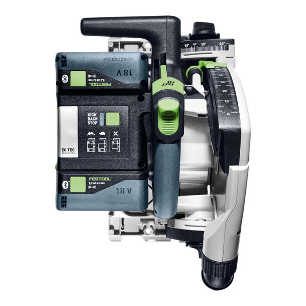 Festool Akku-Tauchsäge mit zwei 18 Volt Akkus, bürstenlosem Motor, Kickback Stop Funktion und Einstellskala für die Schnitttiefe.