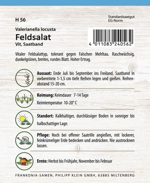 Feldsalat-Saatband-Verpackung mit Informationen zu Aussaat, Keimung, Standort, Pflege und Ernte
