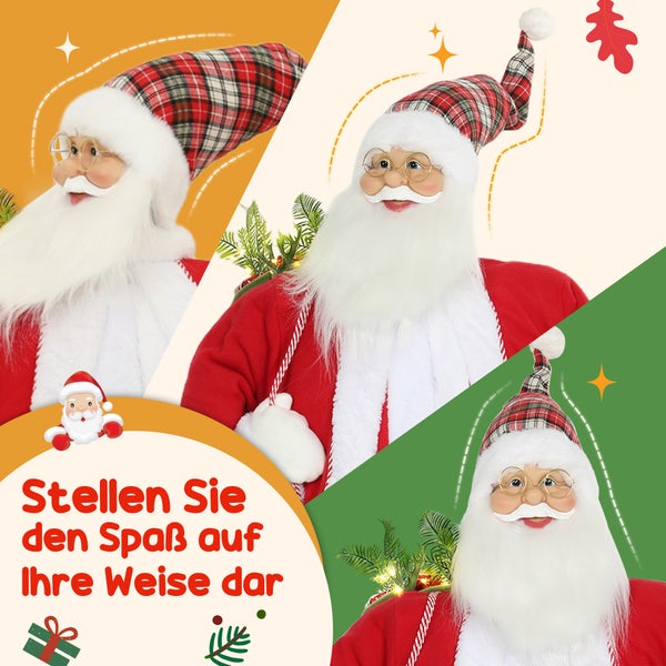Weihnachtsmannfigur mit weißem Bart, Brille, rot-weiß karierter Mütze und rotem Anzug, trägt einen Sack mit beleuchteten Tannenzweigen.