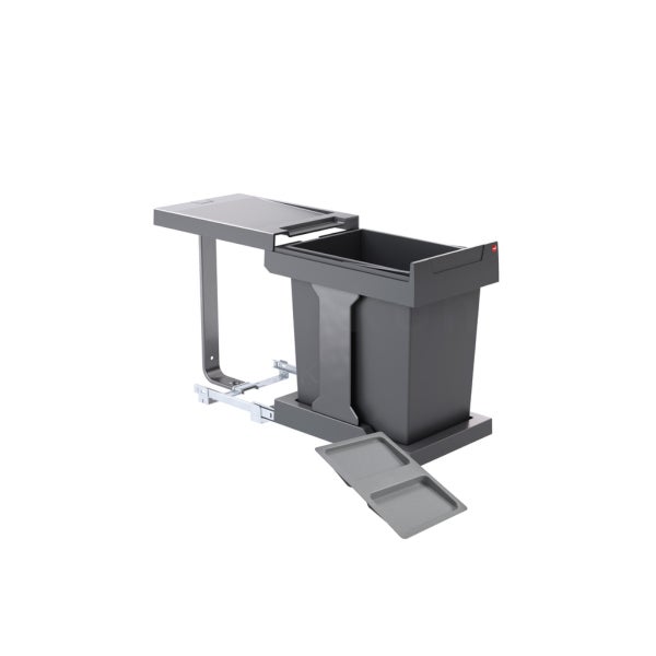 Einbau-Abfallsammler aus Kunststoff und Metall mit einem grauen Eimer auf einem Auszugsschienensystem für den Küchenunterschrank.