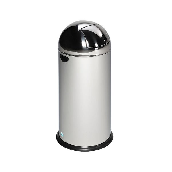 Silberner Push-Abfalleimer aus Metall mit gewölbtem Deckel.