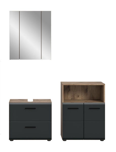 Badmöbel-Set bestehend aus Spiegelschrank, Waschbeckenunterschrank und Beistellschrank in Holzoptik und Anthrazit mit Maßangaben in Zentimetern.