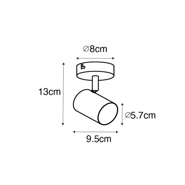 Technische Zeichnung einer Deckenleuchte mit den Maßen 13 cm Höhe, 8 cm Durchmesser Deckenbefestigung und 9,5 cm Länge sowie 5,7 cm Durchmesser des Leuchtenkopfes.