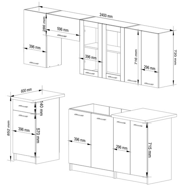 Technische Zeichnung einer Küchenzeile mit Maßen
