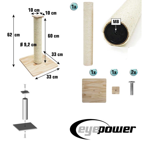 Eyepower Kratzstamm mit Sisal Seil Holz Bodenplatte 33 mal 33 Zentimeter und 62 Zentimeter Gesamthöhe mit Maßangaben und Einzelteilen