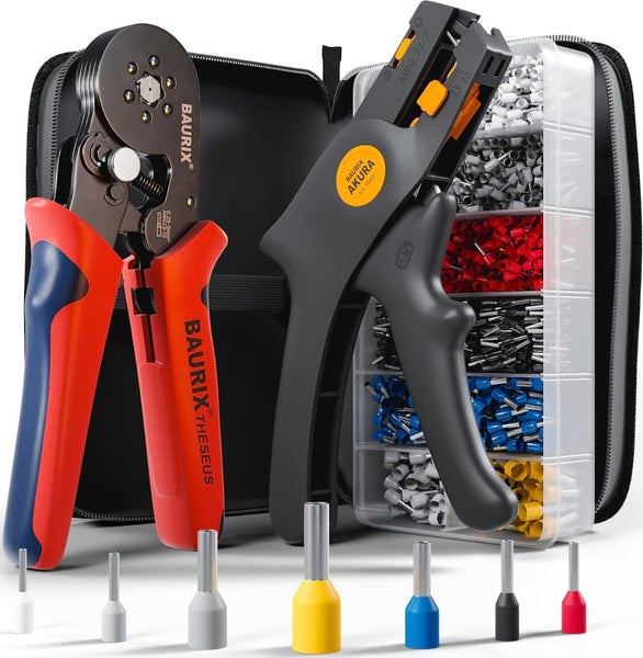 BAURIX® Sechskant Crimpzange mit 2000 Aderendhülsen Set und Abisolierzange, Aderendhülsenzange selbsteinstellend für 0,25-6mm², Krimpzange, Presszange, Crimpwerkzeug - Modell: THESEUS (6-Kant)