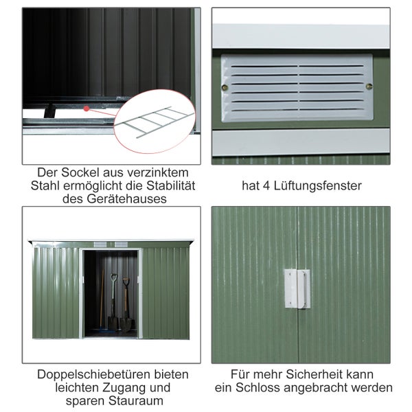 Outsunny Gerätehaus, Geräteschuppen mit Schiebetür, Lüftungsfenster, Pultdach, Outdoor, 280 x 130 x 172 cm, Stahl, Hellgrün