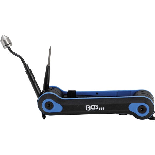 Klappbarer Entgrater-Satz von BGS technic mit verschiedenen Klingen und einem blau-schwarzen Gehäuse.